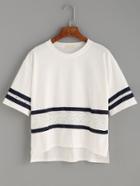 Romwe White Contrast Striped Lace Splicing Dip Hem T-shirt