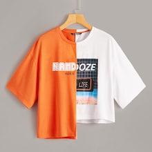Romwe Mixed Print Two Tone Asymmetrical Neon Tee