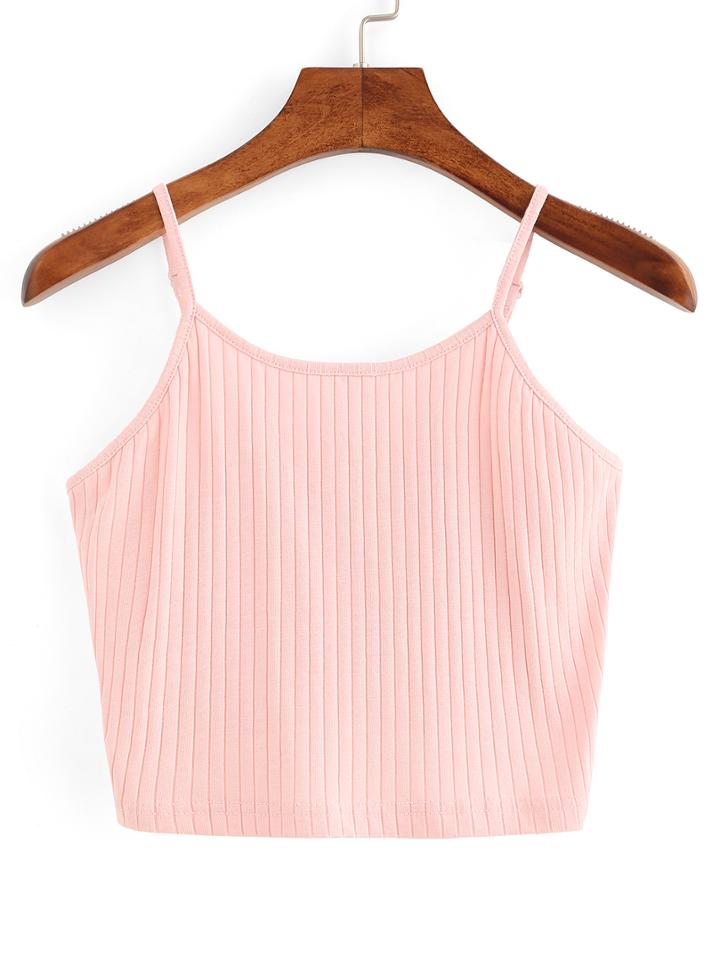 Romwe Ribbed Knit Crop Cami Top - Pink