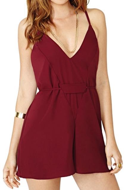 Romwe Romwe Backless V-neck Red Swing Chiffon Playsuit