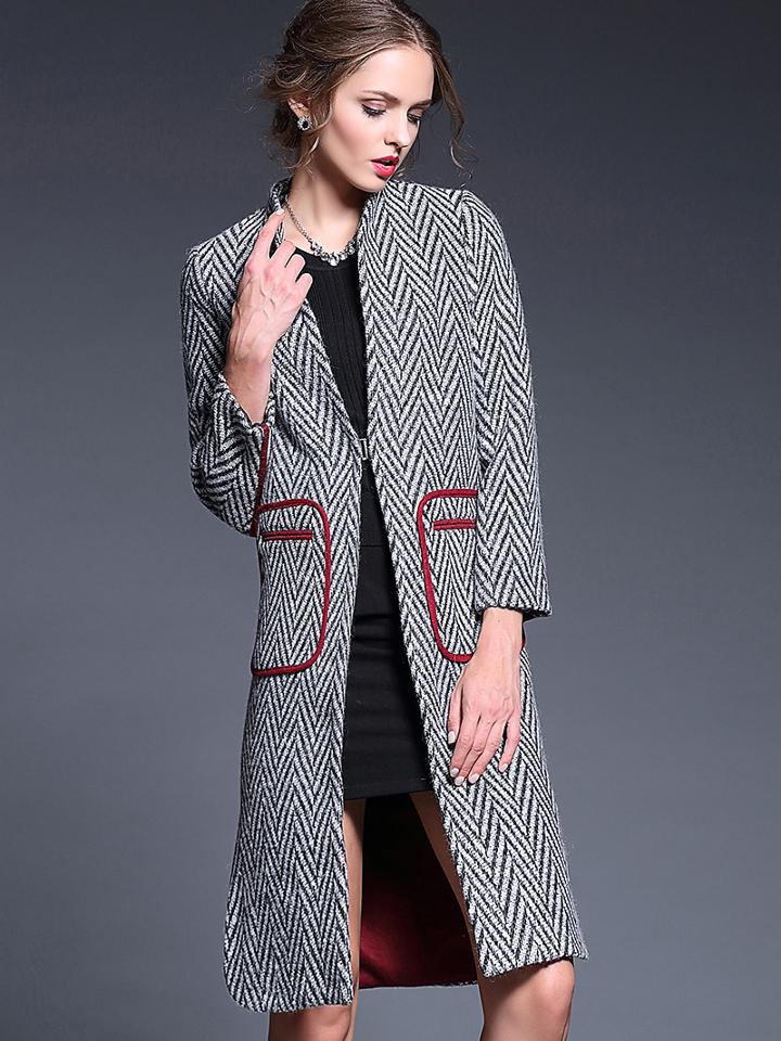 Romwe Black V Neck Long Sleeve Pockets Coat