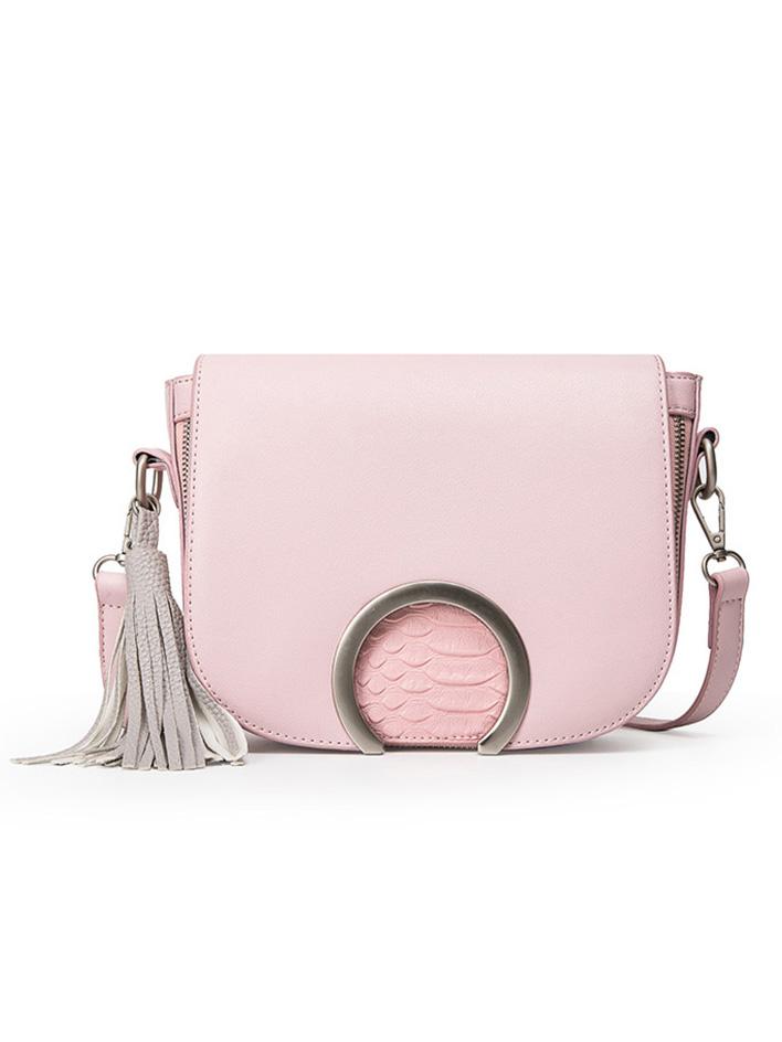 Romwe Ring Flap Crocodile Emobossed Tassel Bag - Pink