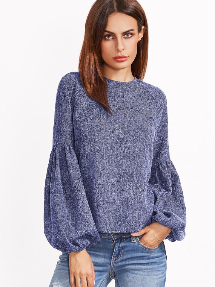 Romwe Lantern Sleeve Keyhole Back Top