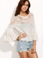 Romwe Bell Sleeve Mesh Insert Embroidered Hollow Out Blouse