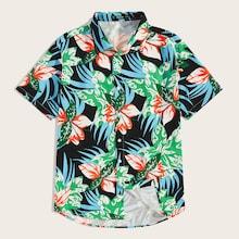 Romwe Guys Button Up Botanical Print Shirt