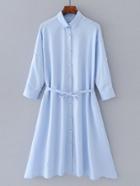 Romwe A Line Self Tie Shirt Dress With Faux Pearl Button