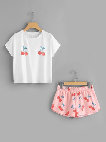Romwe Cherry Print Tee And Shorts Set