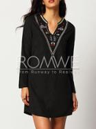 Romwe Black Tribal Embroidered Shift Dress