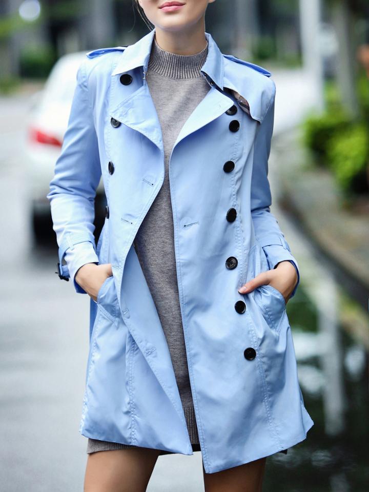 Romwe Blue Lapel Belted Pockets Coat