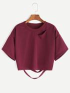 Romwe Burgundy Ripped Drop Shoulder Crop T-shirt