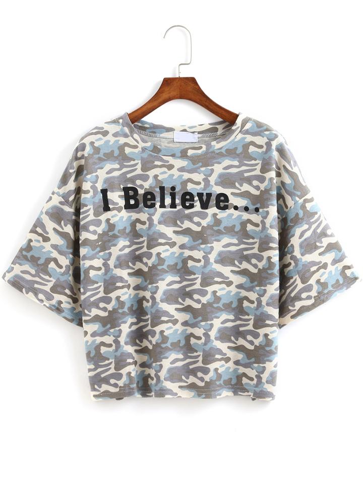 Romwe Camouflage Letter Print T-shirt