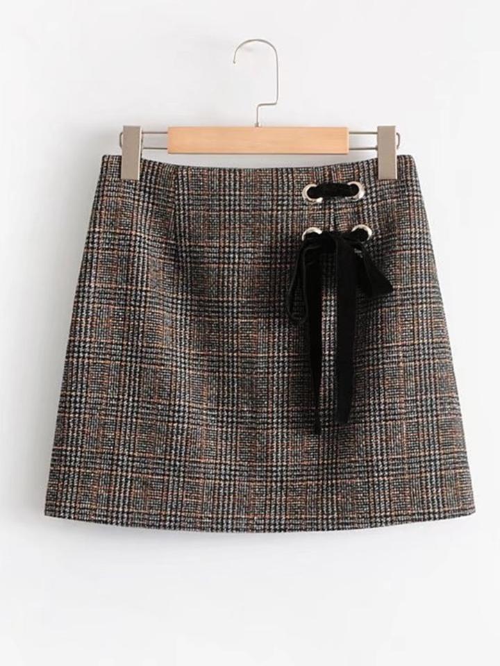 Romwe Lace Up Plaid Skirt
