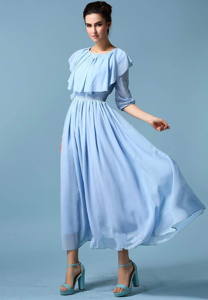 Romwe Flouncing Pleated Maxi Blue Dress