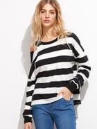 Romwe Black White Stripe Cut Out Sweatshirt