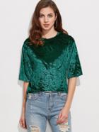 Romwe Dark Green Half Sleeve Velvet T-shirt