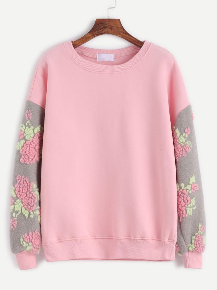 Romwe Pink Contrast Drop Shoulder Seam Flower Embellished Sweatshirt