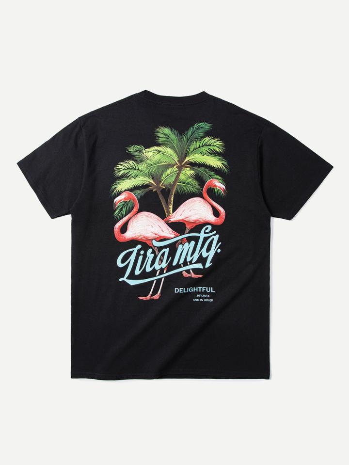 Romwe Men Pink Flamingo Palm Trees T-shirt
