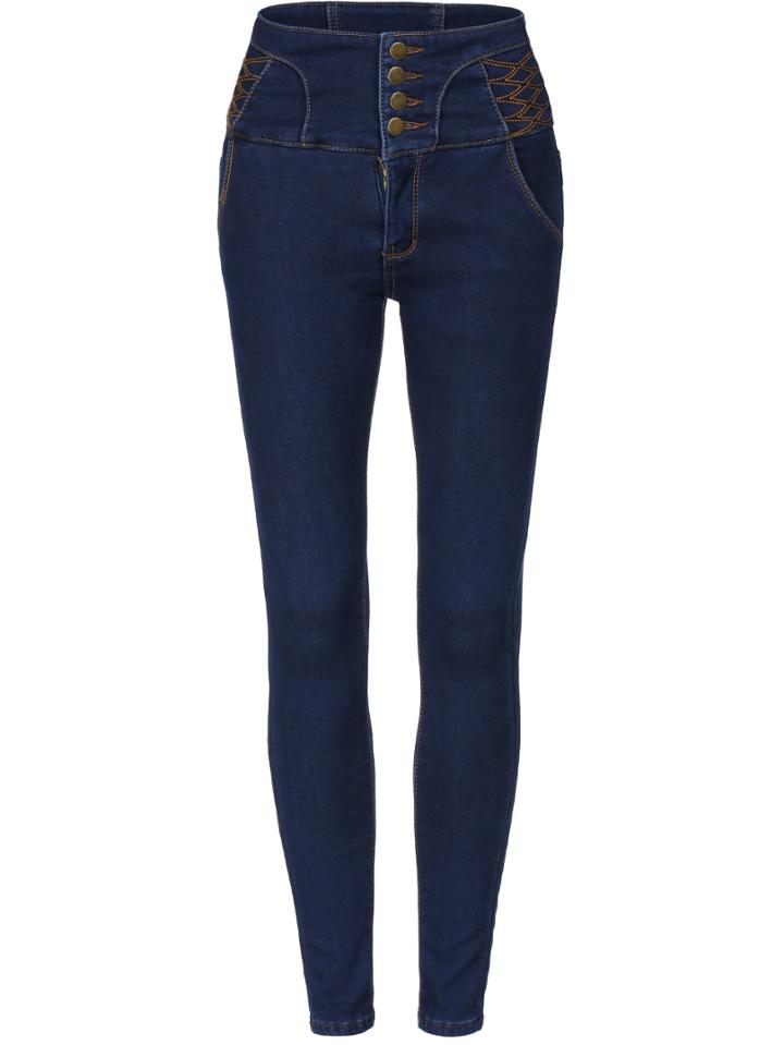Romwe High Waist Single Breasted Thicken Denim Pant