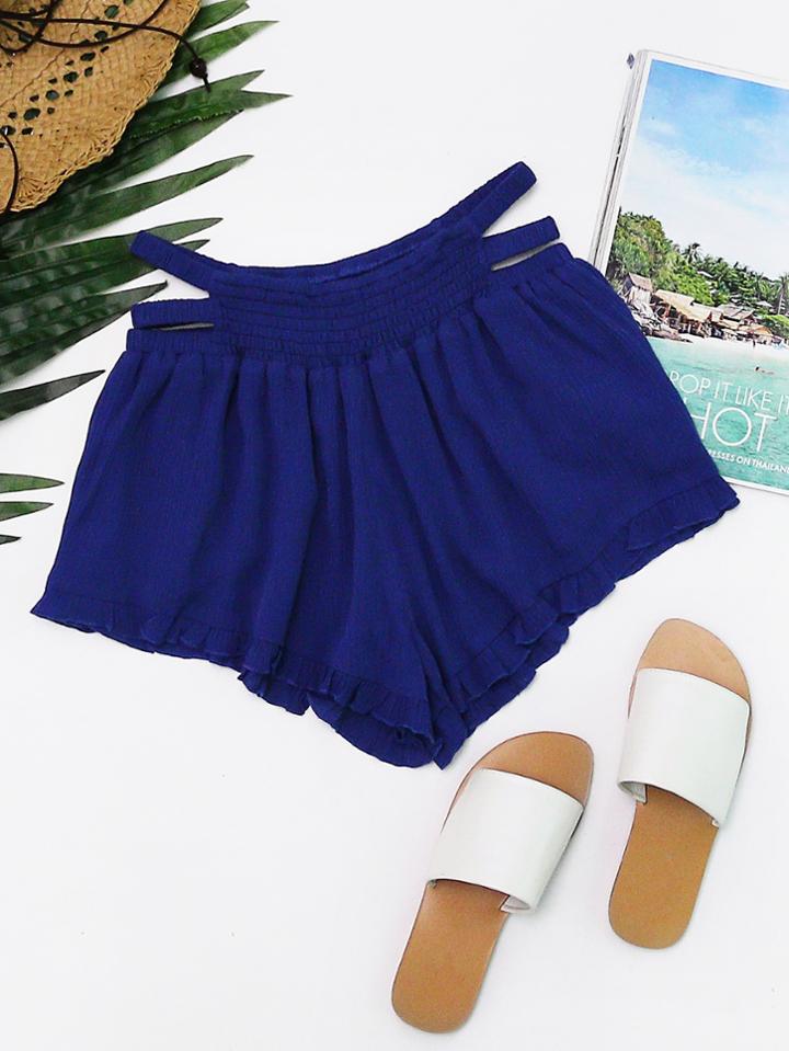 Romwe Smocked Strappy Waistband Ruffle Hem Shorts