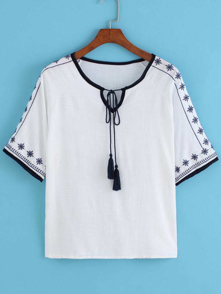Romwe Tie-neck Embroidered Blouse