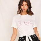 Romwe Roll-up Cuff Tie Front Letter Print Top