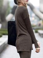 Romwe Army Green Crew Neck Side Slit T-shirt