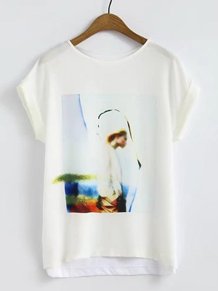 Romwe Rolled Cuff High Low Tee