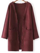 Romwe Burgundy Collarless Frayed Cardigan With Pockets