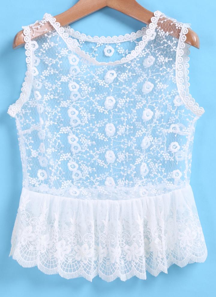 Romwe Peplum Hem Embroidered Lace Tank Top