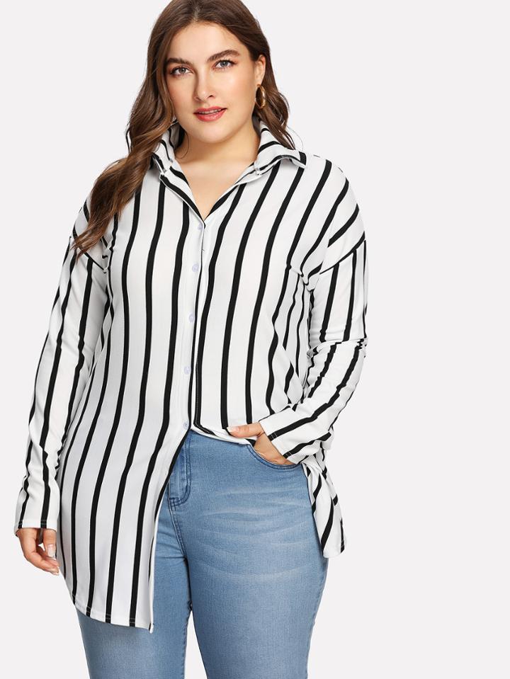 Romwe Drop Shoulder Striped Dolphin Hem Shirt