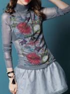 Romwe Women Turtleneck Print Grey Blouse