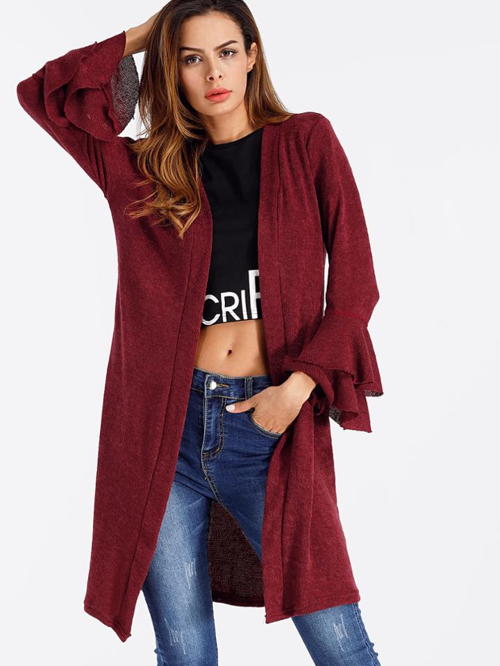 Romwe Tiered Frill Sleeve Marled Knit Cardigan