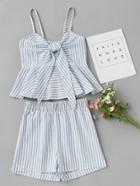 Romwe Striped Knot Front Frill Hem Cami Top With Shorts