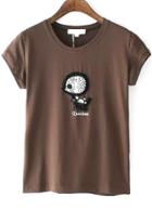 Romwe With Bead Sequined Bird Pattern Coffee T-shirt