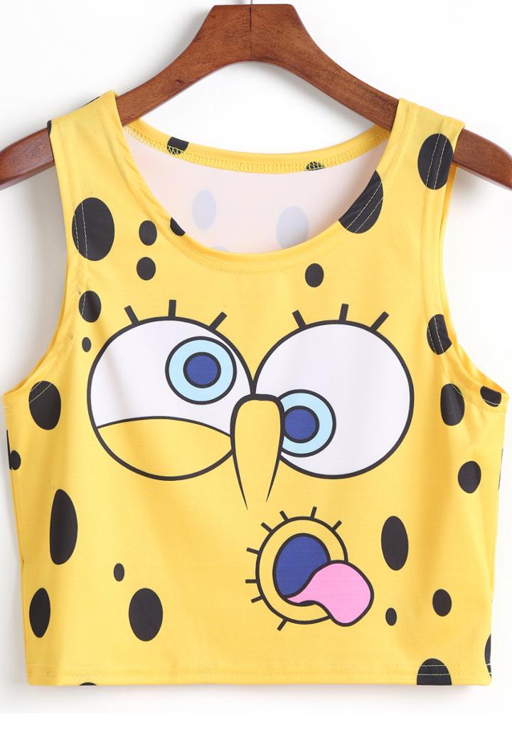 Romwe Yellow Spongebob Print Tank Top