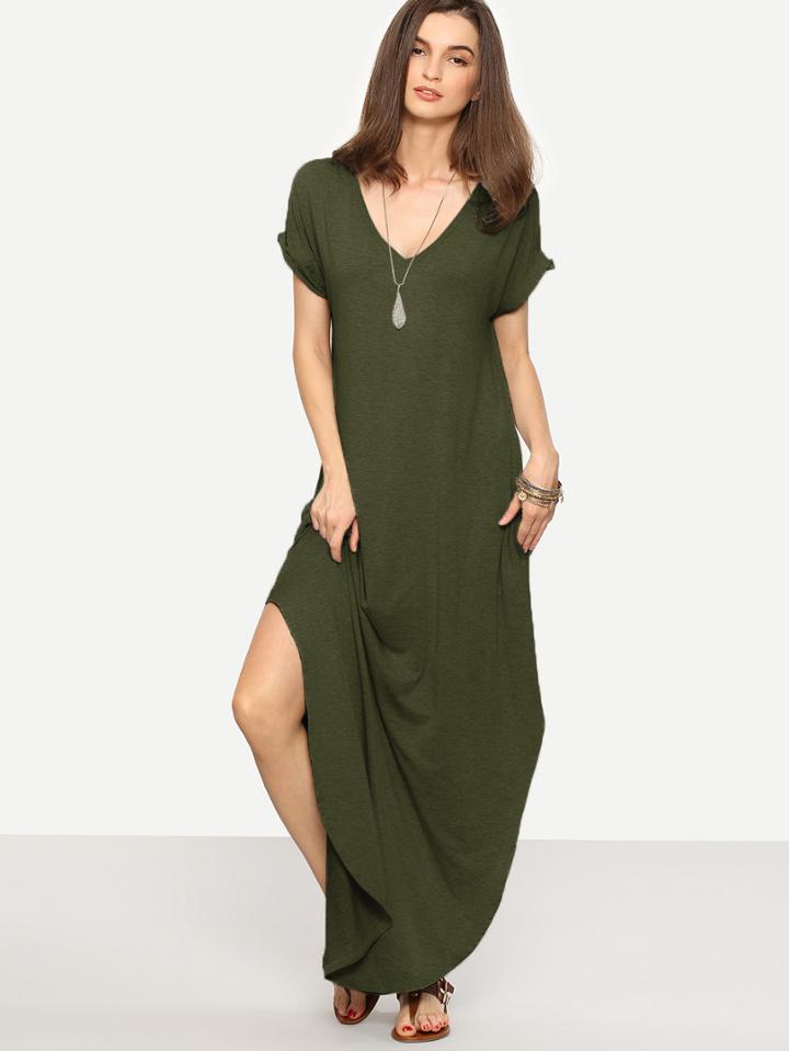 Romwe Rolled-cuff Pockets Split Maxi Dress
