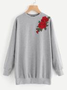 Romwe 3d Rose Applique Heathered Longline Sweatshirt