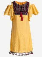 Romwe Yellow Open Shoulder Embroidered Yoke Tassel Trim Dress