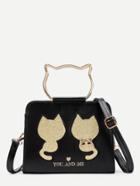 Romwe Cat Pattern Pu Shoulder Bag With Bow