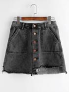 Romwe Asymmetric Single Breasted Pocket Raw Hem Denim Skirt
