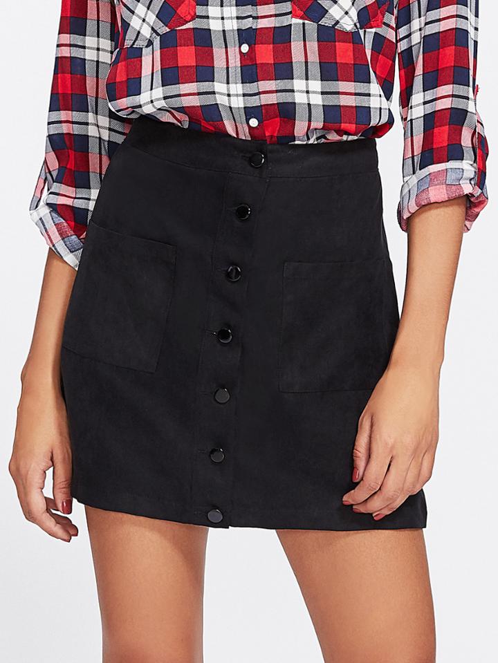 Romwe Patch Pocket Front Button Up Skirt