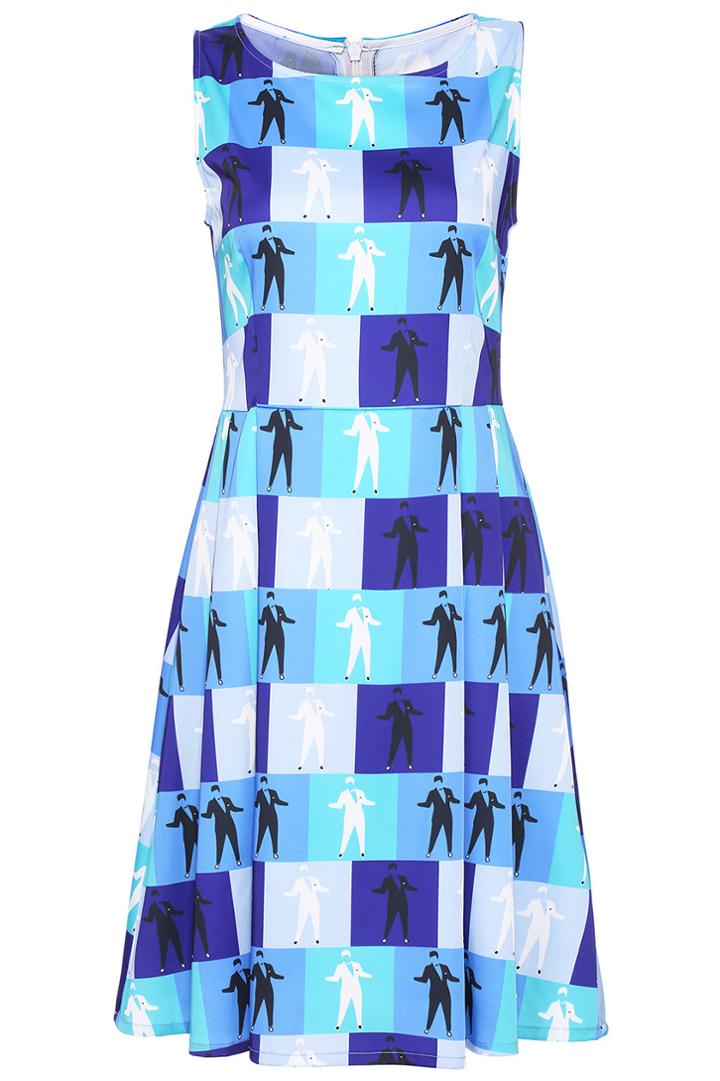 Romwe Romwe Gentle Dolls Print Blue Dress