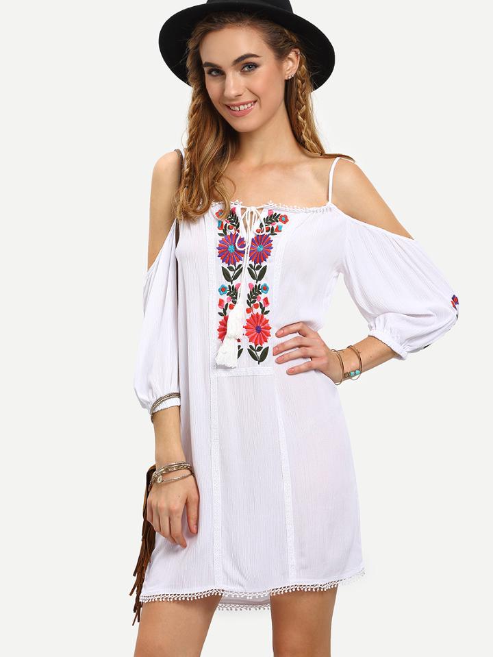 Romwe White Cold Shoulder Embroidery Dress