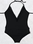 Romwe Black Lace Crochet Plunge Neck One-piece Swimwear