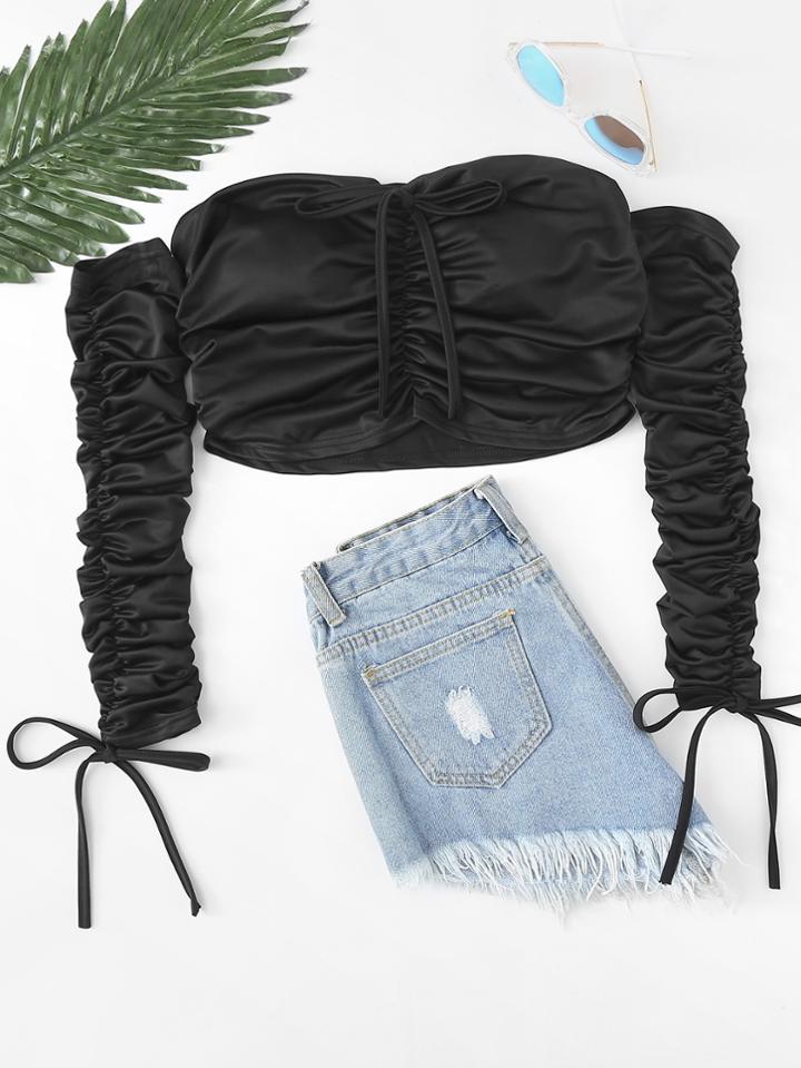 Romwe Ruched Drawstring Crop Top
