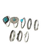 Romwe Turquoise Detail Engraved Ring Set 8pcs