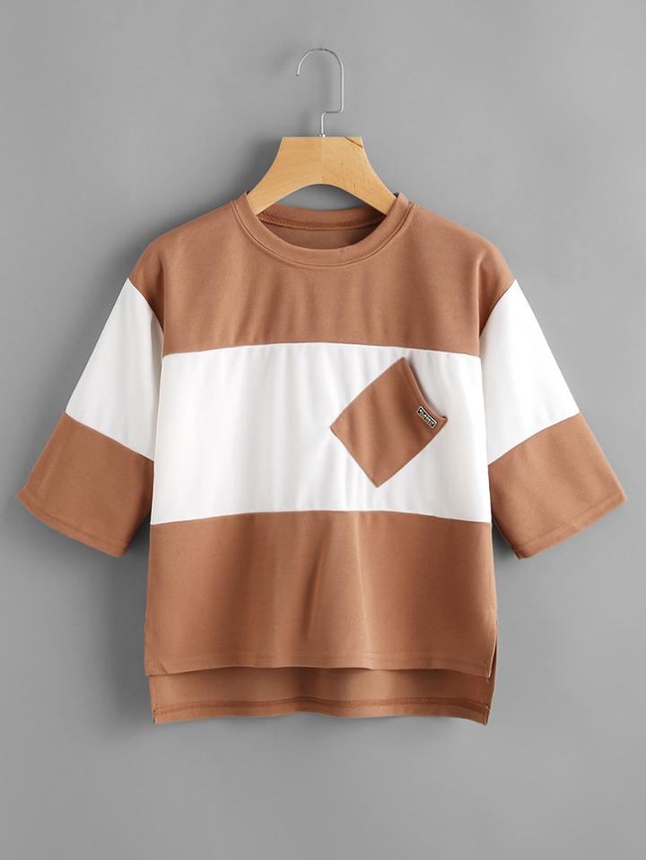 Romwe Slit Side High Low Patch Pocket Tee