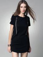 Romwe Black Short Sleeve Zipper Bodycon Dress