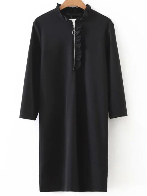 Romwe Black Ruffle Detail Zipper Up Dress