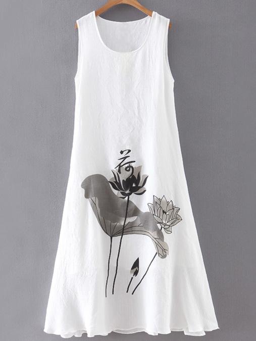 Romwe White Lotus Print Sleeveless Shift Dress